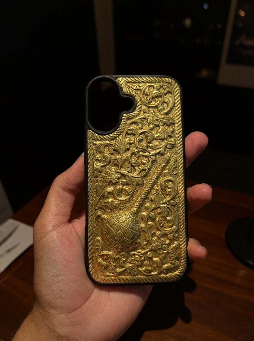 Hanuman Gada Brass Mobile Case – Handcrafted Nakkashi Art